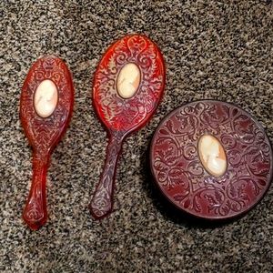 Vintage brush mirror and powder bowl